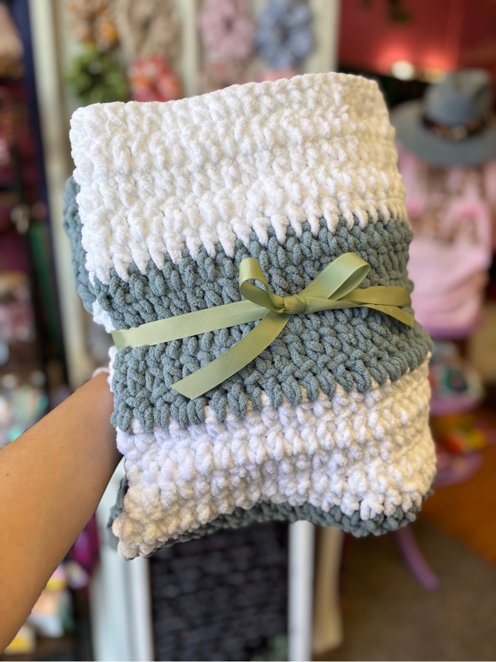 Chunky Knit White & Sage Striped Throw Blanket - Soft Cozy Accent